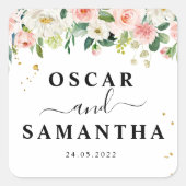 Moderne roze Waterverf schoonheidsbloemen en goude Vierkante Sticker (Voorkant)