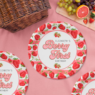 Moderne Roze Witte Aardbei Verjaardag Berry Eerste Papieren Bordje