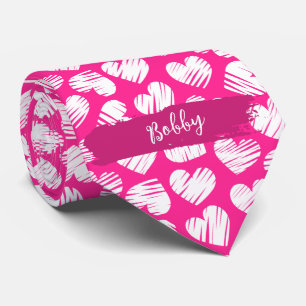 Moderne Roze Witte Doodled Hart Valentijn Naam Stropdas