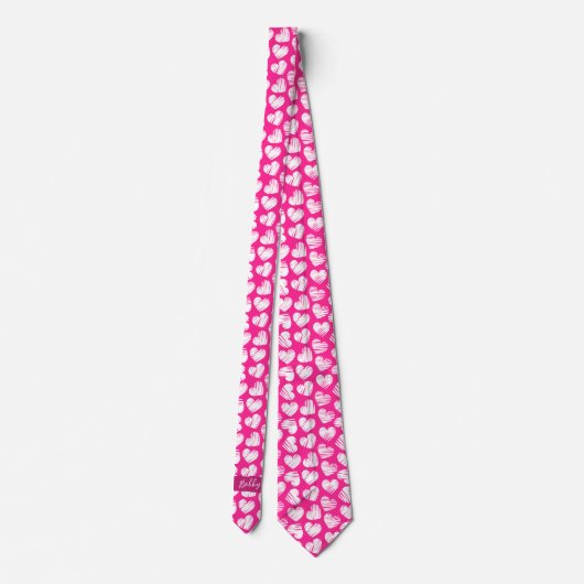 Moderne Roze Witte Doodled Hart Valentijn Naam Stropdas (Achterkant)