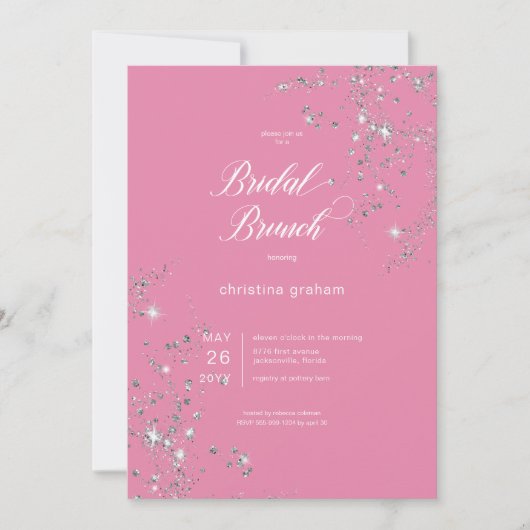 Moderne Roze & Witte Glam Diamonds Bruidsbrunch Kaart (Voorkant)