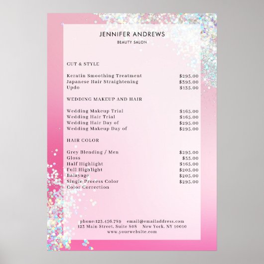 Moderne roze zilver Glitter Salon Prijslijst Poster (Voorkant)