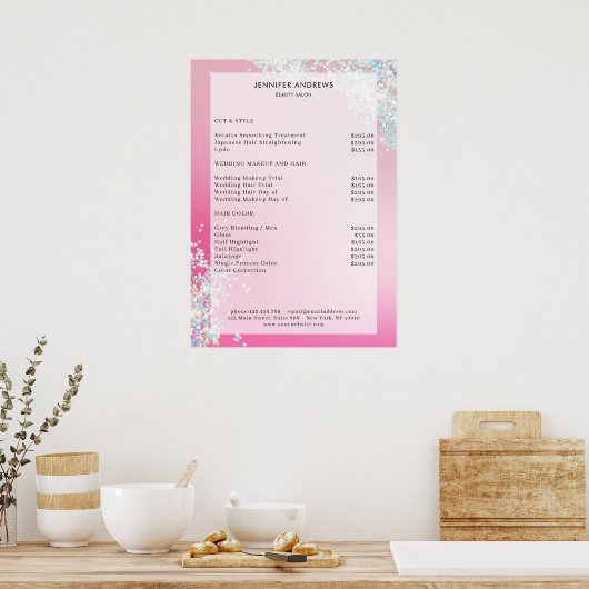 Moderne roze zilver Glitter Salon Prijslijst Poster (Keuken)