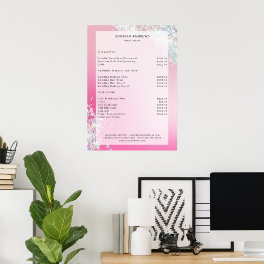 Moderne roze zilver Glitter Salon Prijslijst Poster (Thuiskantoor)