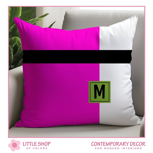 Moderne Roze Zwarte Kleurblok Monogram Kussen (Creator heeft geüpload)