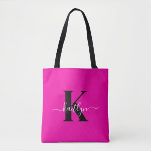 Moderne Roze Zwarte Script Monogram Draagtas