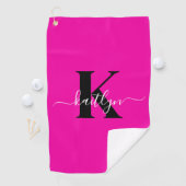 Moderne Roze Zwarte Script Monogram Golfhanddoek (Insitu)
