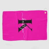 Moderne Roze Zwarte Script Monogram Golfhanddoek (Horizontaal)