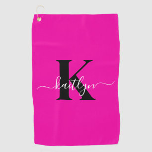 Moderne Roze Zwarte Script Monogram Golfhanddoek