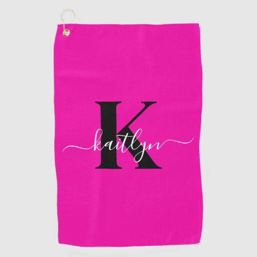 Moderne Roze Zwarte Script Monogram Golfhanddoek (Voorkant)