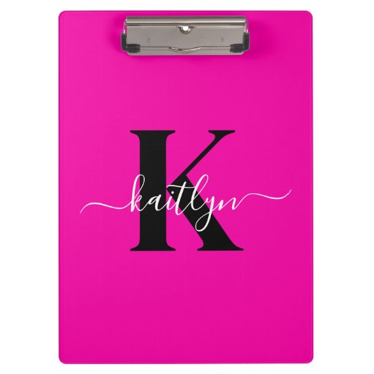 Moderne Roze Zwarte Script Monogram Klembord (Voorkant)