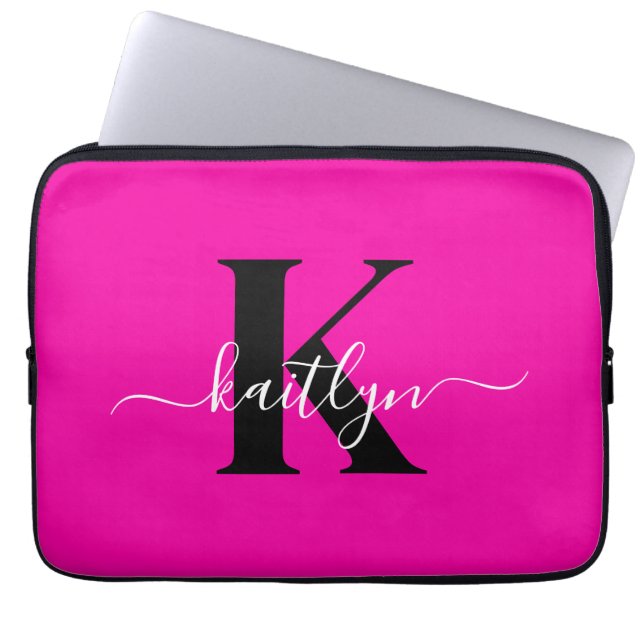 Moderne Roze Zwarte Script Monogram Laptop Sleeve (Voorkant)