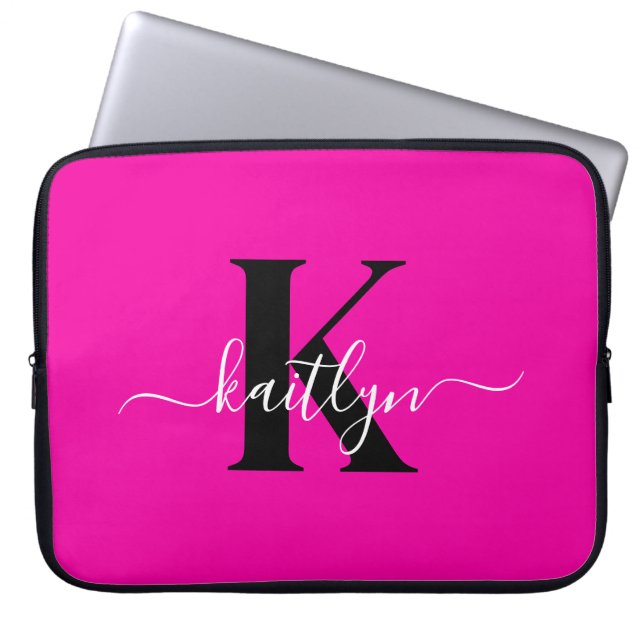 Moderne Roze Zwarte Script Monogram Laptop Sleeve (Voorkant)