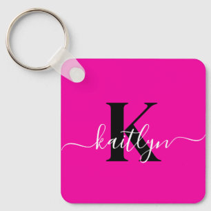 Moderne Roze Zwarte Script Monogram Sleutelhanger