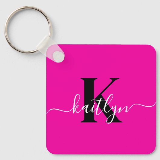 Moderne Roze Zwarte Script Monogram Sleutelhanger (Voorkant)