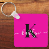 Moderne Roze Zwarte Script Monogram Sleutelhanger (Voorkant)