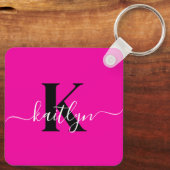 Moderne Roze Zwarte Script Monogram Sleutelhanger (Achterkant)