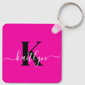 Moderne Roze Zwarte Script Monogram Sleutelhanger (Achterkant)