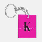 Moderne Roze Zwarte Script Monogram Sleutelhanger (Voorkant Links)