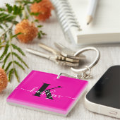 Moderne Roze Zwarte Script Monogram Sleutelhanger (Voorkant Rechts)