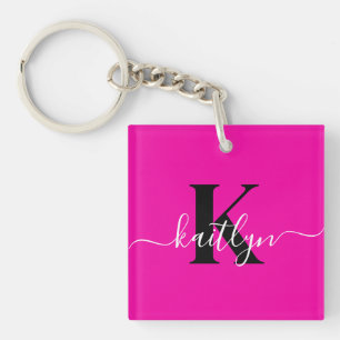 Moderne Roze Zwarte Script Monogram Sleutelhanger