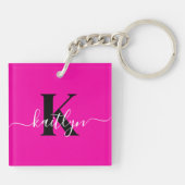 Moderne Roze Zwarte Script Monogram Sleutelhanger (Achterkant)