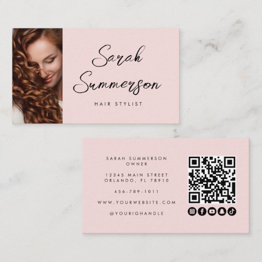 Moderne Roze Zwarte Script QR Code Haarstylist Visitekaartje (Voorkant / Achterkant)