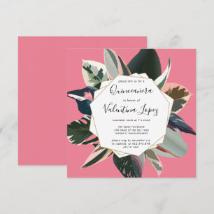 Moderne roze zwarte tropische Quinceanera-uitnodig Kaart