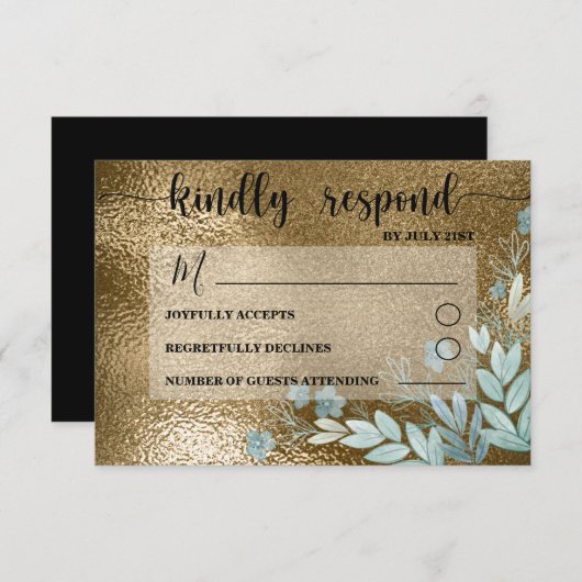 Moderne RSVP Black & Gold Foliage Wedding (Voorkant / Achterkant)