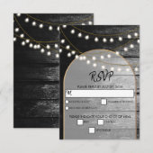 Moderne Rustic Black Wood Gold Lights Bigding RSVP Kaartje (Voorkant / Achterkant)