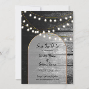 Moderne Rustic Black Wood Gold Lights Bigding Save The Date