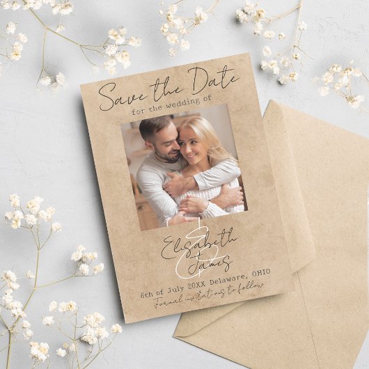 Moderne Rustic Elegant Script White Grey Voeg Foto Save The Date