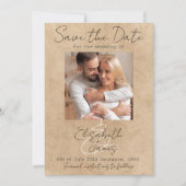 Moderne Rustic Elegant Script White Grey Voeg Foto Save The Date (Voorkant)