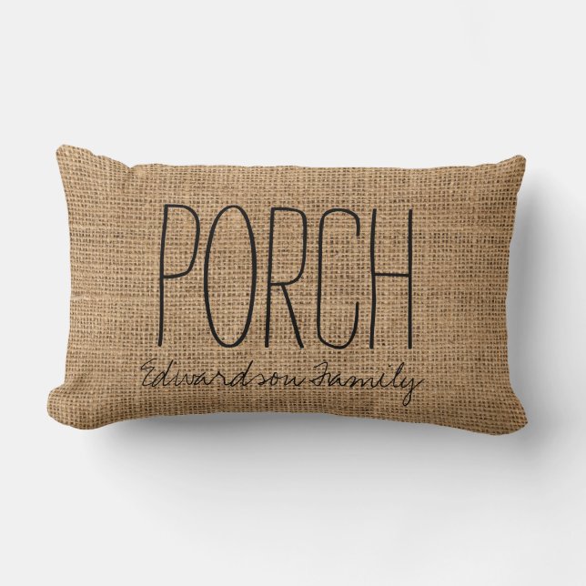 Moderne rustic faux burlap scriptnaam kussen (Voorkant)