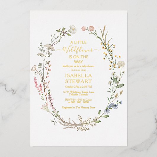 Moderne Rustic Wildflower Spring Baby shower Folie Uitnodiging (Voorkant)