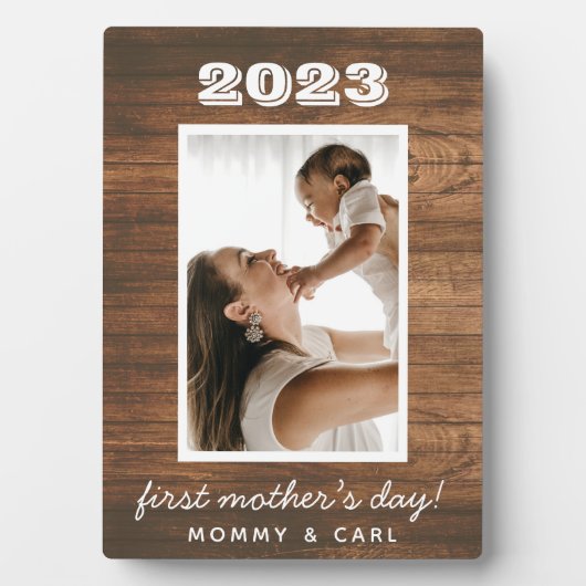 Moderne Rustic Wood First Moederdag Aangepaste fot Fotoplaat (voorkant)