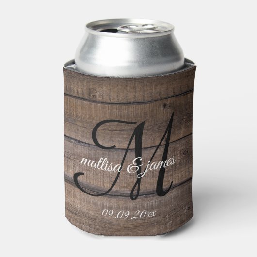 Moderne Rustic Wood Monogram-weddenschap Blikjeskoeler (Blikje Voorkant)