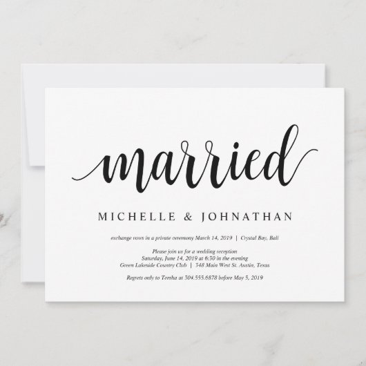 Moderne Rustic, Zwarte script, Trouw Elopement Kaart (Voorkant)