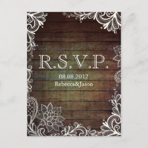 moderne rustieke barnwood kant land bruiloft RSVP Uitnodiging Briefkaart