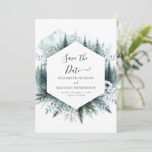 Moderne rustieke berg bruiloft save the date (Staand voorkant)