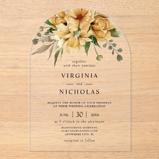 Moderne Rustieke Boho Bloemen Huwelijk Acryl Uitnodigingen (Voorkant)