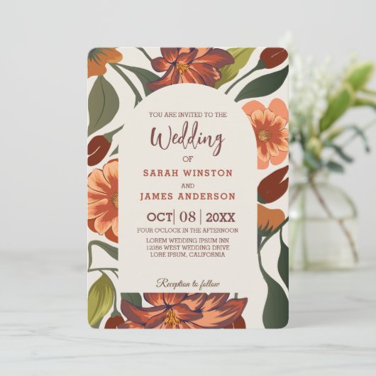 Moderne rustieke boho Floral Fall bruiloft Custom Kaart (Staand voorkant)