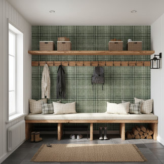 Moderne rustieke Burlap Plaid Green Behang