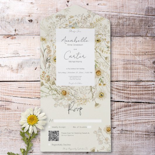 Moderne rustieke Gedroogde Daisies Bloemen QR Code All In One Uitnodiging