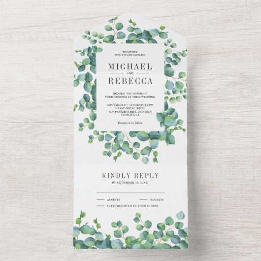 Moderne Rustieke Groene Eucalyptusbladeren Trouwen All In One Uitnodiging (Binnen)