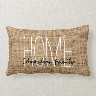 Moderne rustieke jute Home familienaam script Kussen