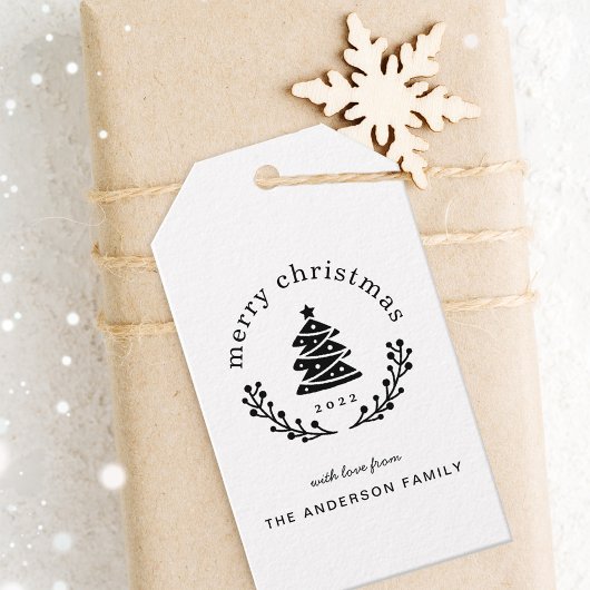 Moderne rustieke kerstboom Wereldbol kerst Cadeaulabel