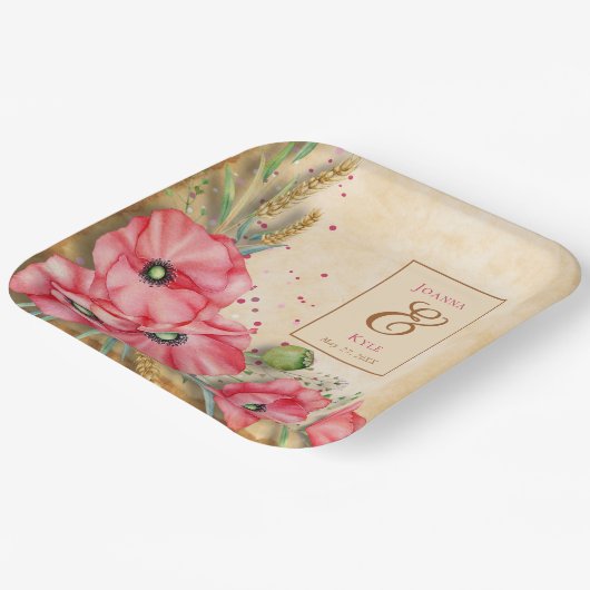 Moderne Rustieke Klaproos Bloem Bruiloft Papieren Bordje (Gebogen)