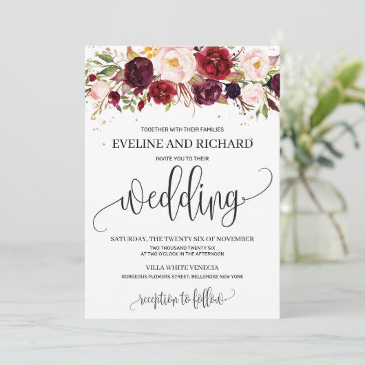 Moderne rustieke marsala bloemenboho bruiloft kaart (Staand voorkant)