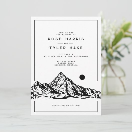 Moderne rustieke Mountain Sketch bruiloft Kaart (Staand voorkant)